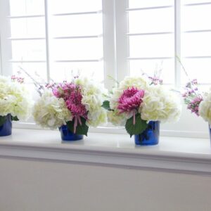 Centerpiece 106 - Pink Pom Pom, White Hydrangeas and Pink Wax Flowers . . . more