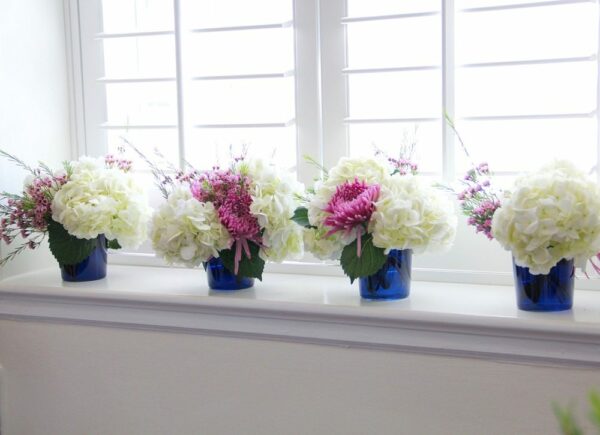 Centerpiece 106 - Pink Pom Pom, White Hydrangeas and Pink Wax Flowers . . . more