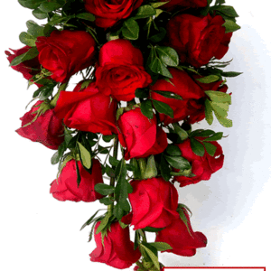 CASCADING BRIDAL BOUQUET 001 - Red Roses With Greens. Also Available In White,Pink,Yellow. . . select size