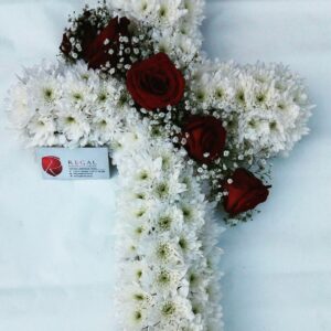 CROSS WREATH - White Chrysanthemum, Red Roses with . . .
