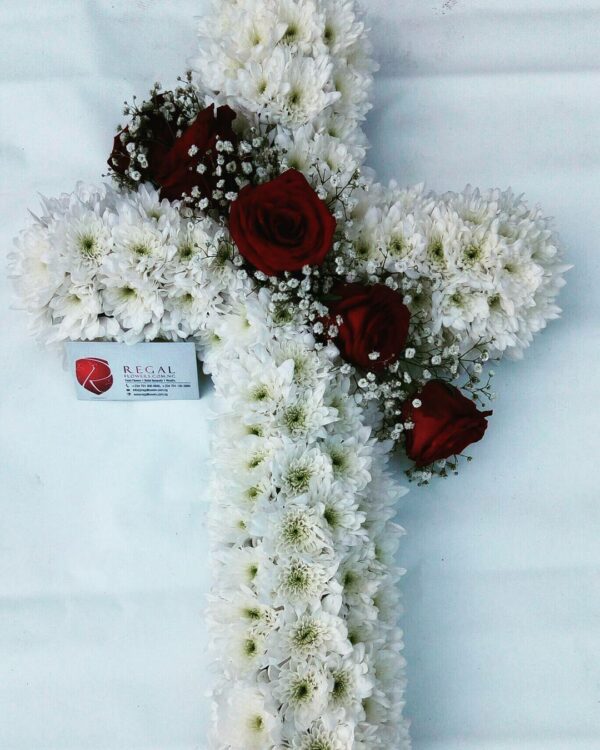 CROSS WREATH - White Chrysanthemum, Red Roses with . . .