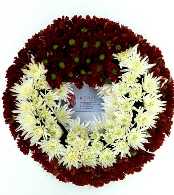GLORIOUS EXIT (Funeral Wreath) - Any two Colors of Chrysanthemums ( White, Red, Purple, Pink, Lilac, Yellow, Orange or Gold) . . . select size