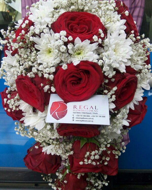 CASCADING BRIDAL BOUQUET 008 -  Red Roses, White Chrysanthemums . . . select size