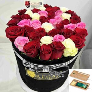 VIP BELLISSIMO (BEAUTIFUL) BOX ARRANGEMENT– Luxurious mix of white and pink, or white, pink and red roses . .