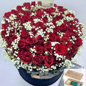 VIP ROSES ARE RED BOX ARRANGEMENT – Red Roses Accentuated  . .