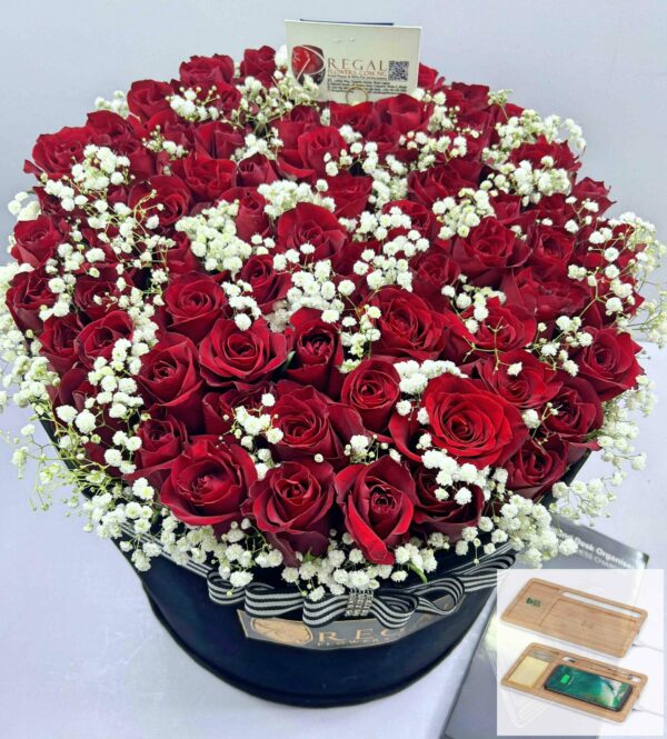 VIP ROSES ARE RED BOX ARRANGEMENT – Red Roses Accentuated  . .