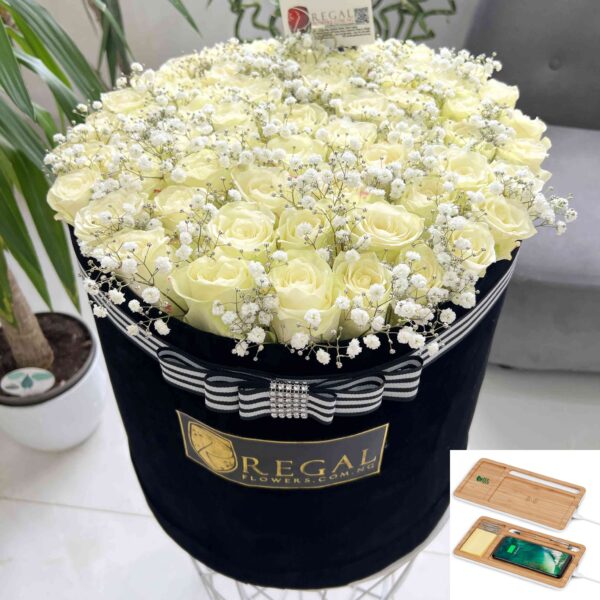 VIP MONA LISA BOX ARRANGEMENT– White Roses Accentuated  . . .