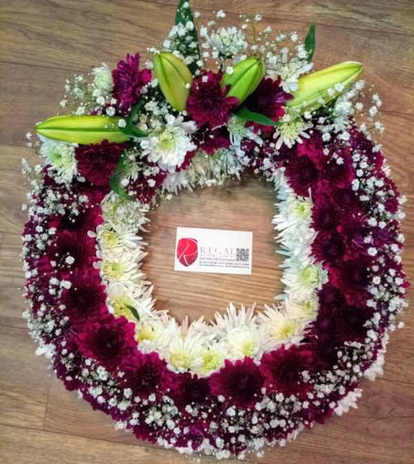 ALWAYS WITH US (Funeral Wreath) - 2 colour mix of White, Yellow, Pink, Red, or Purple chrysanthemums, lilies . . . select size - Image 2