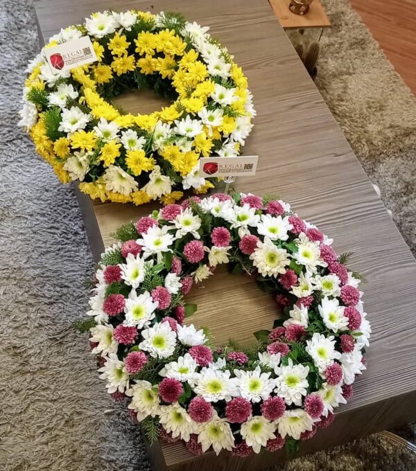 ALWAYS IN OUR HEART (Funeral Wreath) - 2 or more colour mix of White, Yellow, Pink, Red, or Purple chrysanthemums with Gypso - Image 2