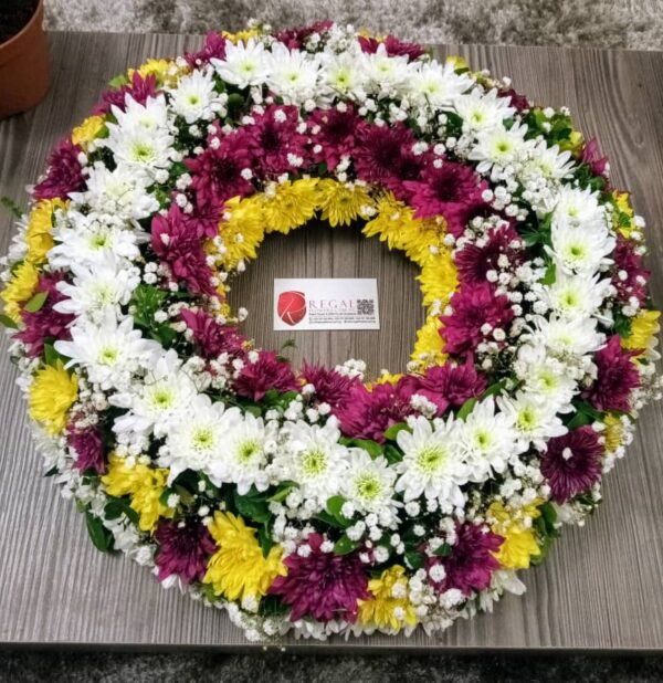 ALWAYS IN OUR HEART (Funeral Wreath) - 2 or more colour mix of White, Yellow, Pink, Red, or Purple chrysanthemums with Gypso - Image 5