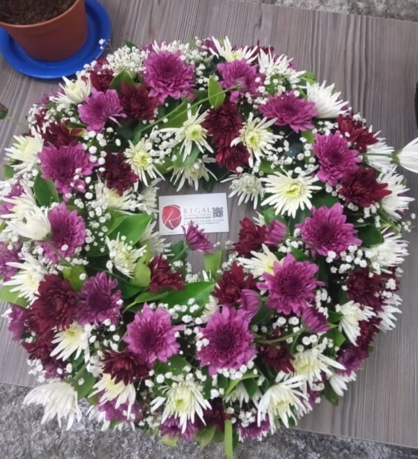ALWAYS IN OUR HEART (Funeral Wreath) - 2 or more colour mix of White, Yellow, Pink, Red, or Purple chrysanthemums with Gypso - Image 9