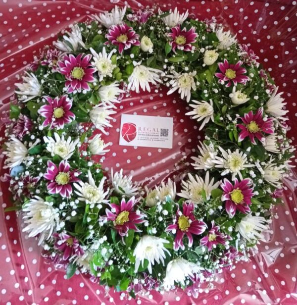 ALWAYS IN OUR HEART (Funeral Wreath) - 2 or more colour mix of White, Yellow, Pink, Red, or Purple chrysanthemums with Gypso - Image 6