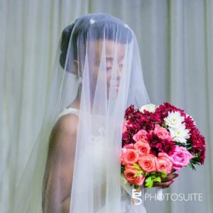 CASCADING BRIDAL BOUQUET  113 - Peach Roses, Red And White Chrysanthemums  . . . select size