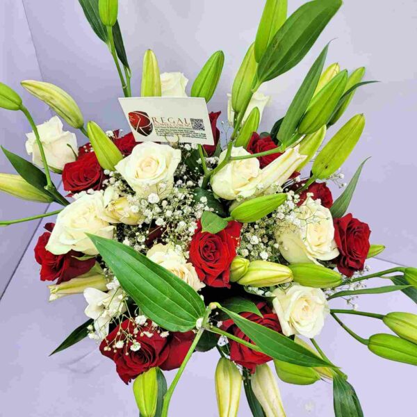 VIP MIXED ROSES AND LILIES BOUQUET – Red Roses, White Roses and lilies . . .