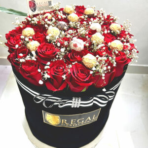 ROSES & FERRERO ROCHER BOX ARRANGEMENTS - Box of roses and ferrero rocher chocolate