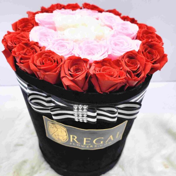 FOREVER BELLA- A concentric arrangement of 2 or 3 colors of forever roses in a fancy lux box - Image 4