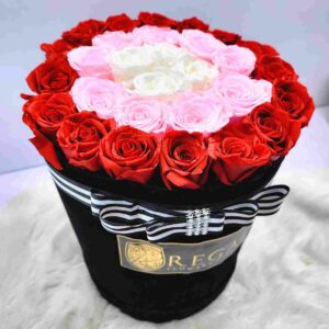 FOREVER BELLA- A concentric arrangement of 2 or 3 colors of forever roses in a fancy lux box