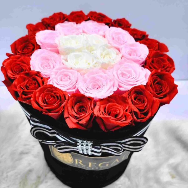 FOREVER BELLA- A concentric arrangement of 2 or 3 colors of forever roses in a fancy lux box - Image 3