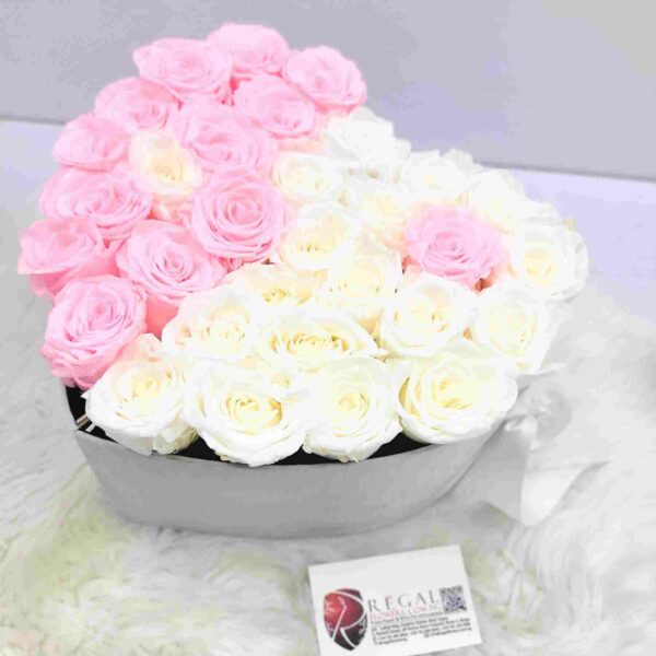 FOREVER YINYANG  – Classic Arrangement Of Two Colours Of Forever Roses In A Love Shaped Box - Image 4