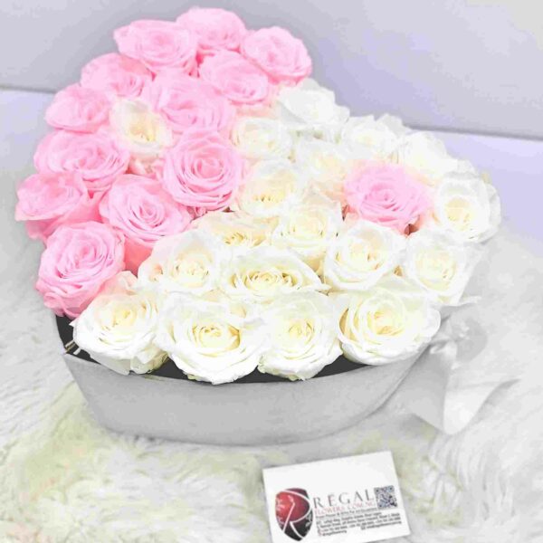 FOREVER YINYANG  – Classic Arrangement Of Two Colours Of Forever Roses In A Love Shaped Box - Image 2