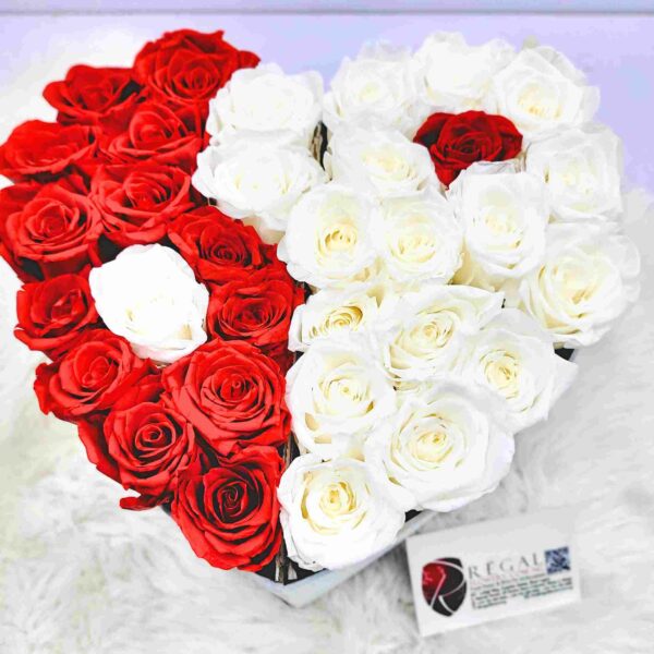 FOREVER YINYANG  – Classic Arrangement Of Two Colours Of Forever Roses In A Love Shaped Box